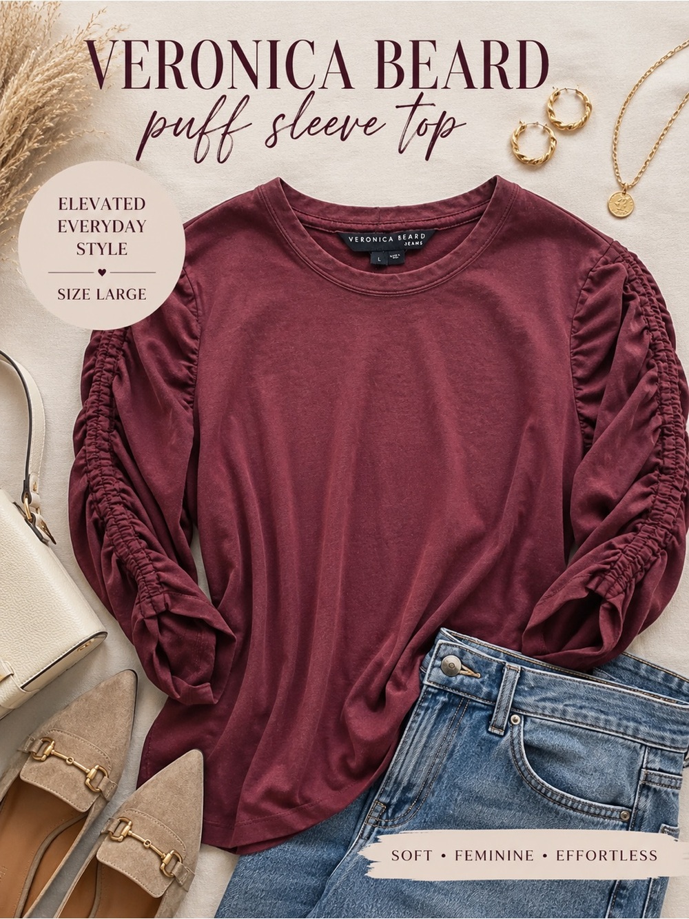 Veronica Beard Jeans Ruched Puff Sleeve Tee Large Burgundy Top